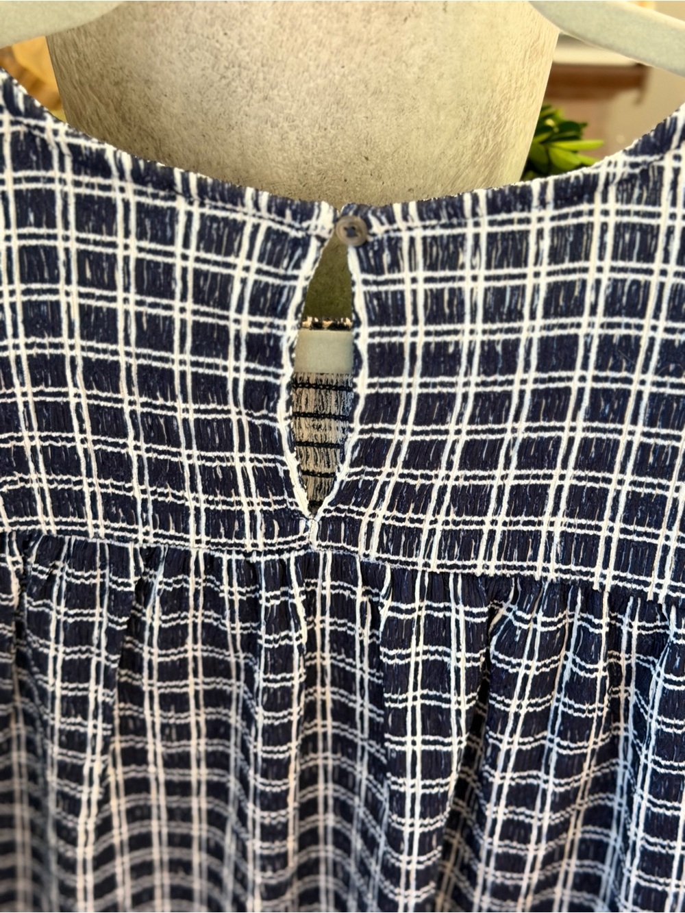LOFT Navy and White Plaid Smocked Ruffle Yoke Blouse - Picture 6 of 6